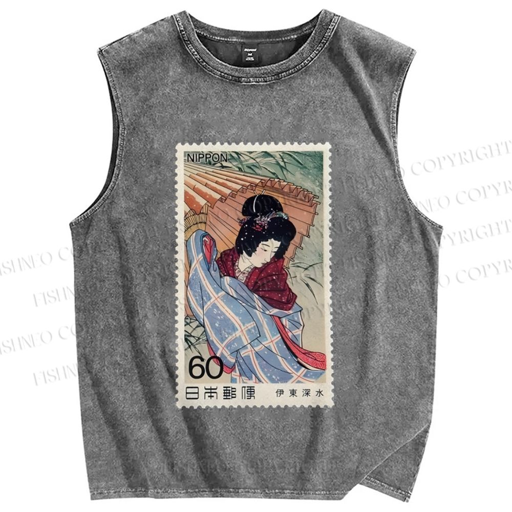 Unisex Vintage Japanese Art Geisha Stamp Printed Washed Tank Top