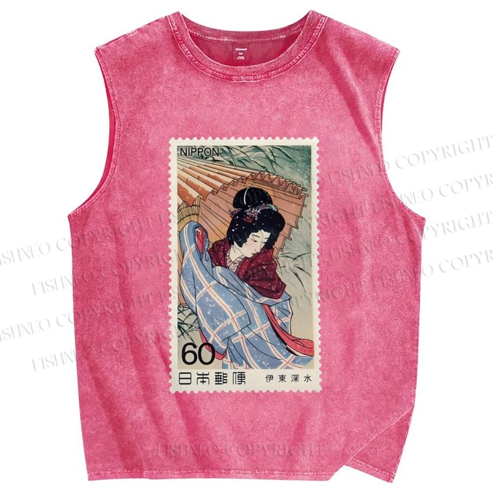 Unisex Vintage Japanese Art Geisha Stamp Printed Washed Tank Top