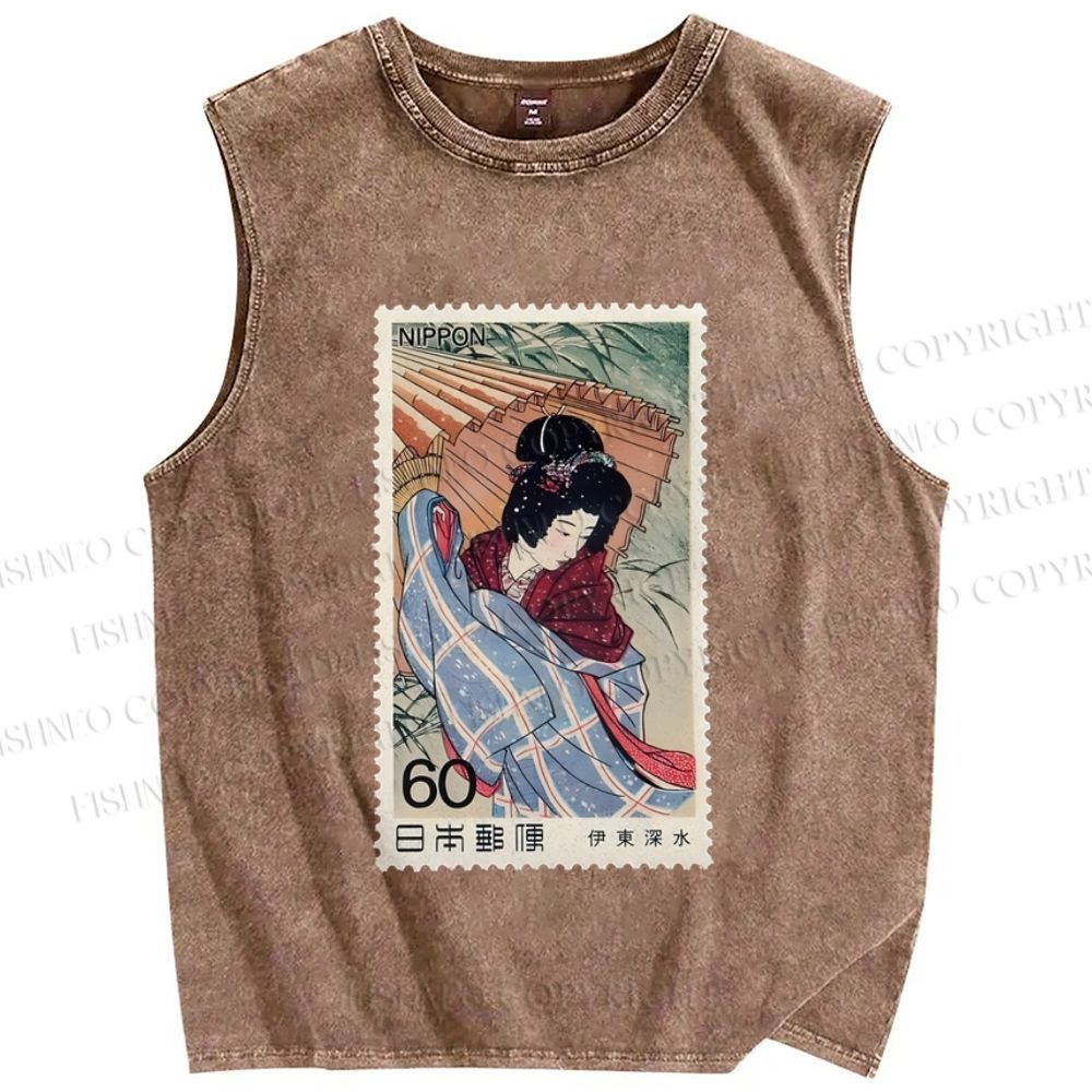 Unisex Vintage Japanese Art Geisha Stamp Printed Washed Tank Top