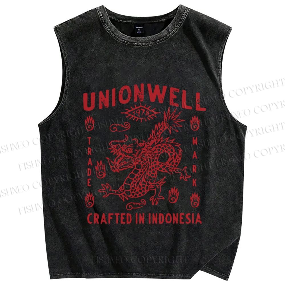 Unisex Vintage Dragon Printed Washed Tank Top