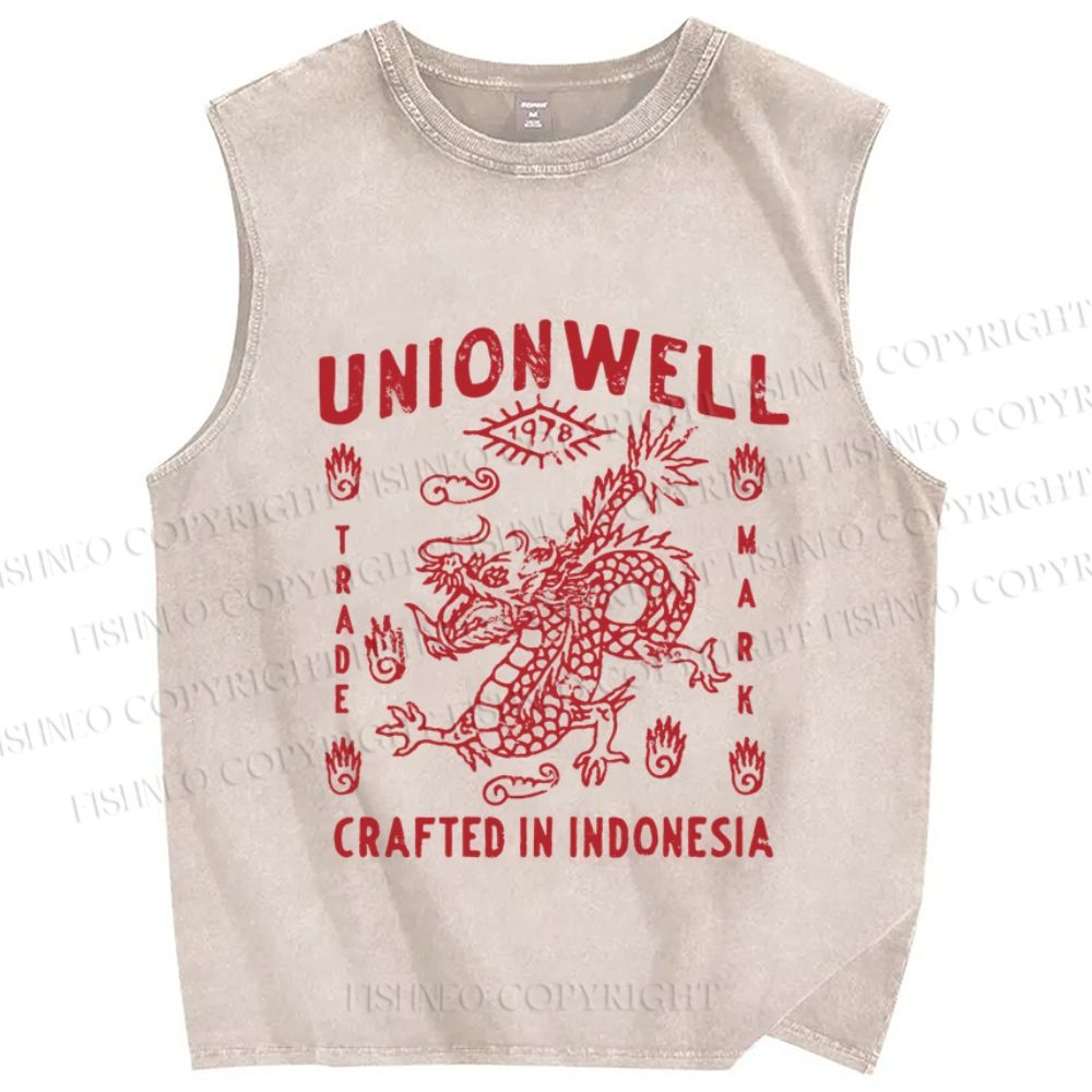 Unisex Vintage Dragon Printed Washed Tank Top