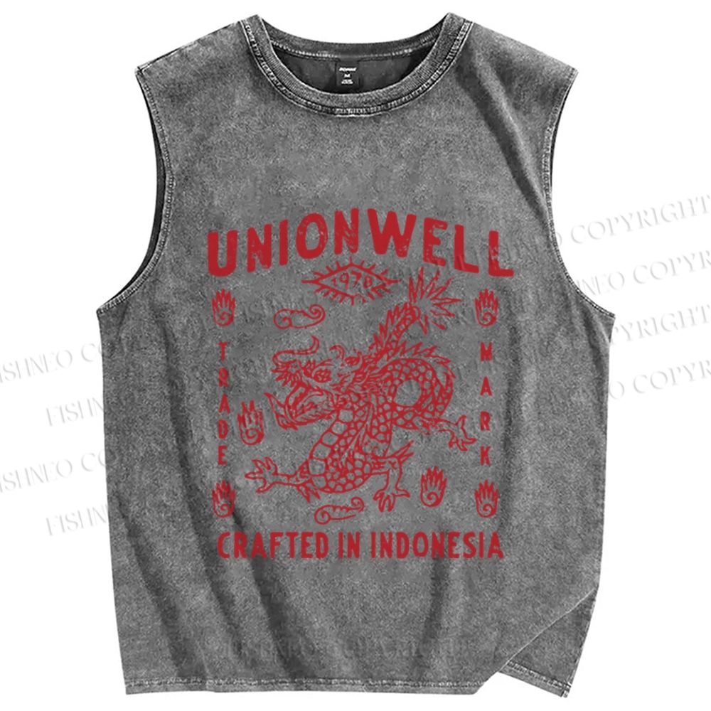Unisex Vintage Dragon Printed Washed Tank Top
