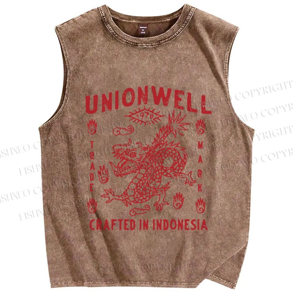 Unisex Vintage Dragon Printed Washed Tank Top