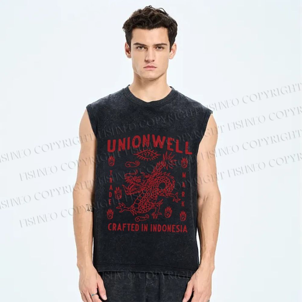Unisex Vintage Dragon Printed Washed Tank Top
