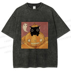 Unisex Vintage Pumpkin Black Cat Printed Washed Tee