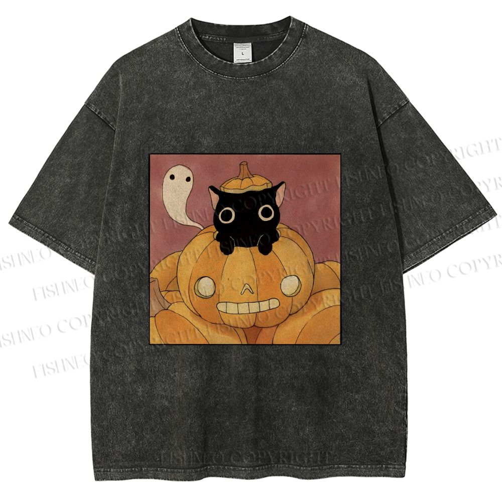 Unisex Vintage Pumpkin Black Cat Printed Washed Tee
