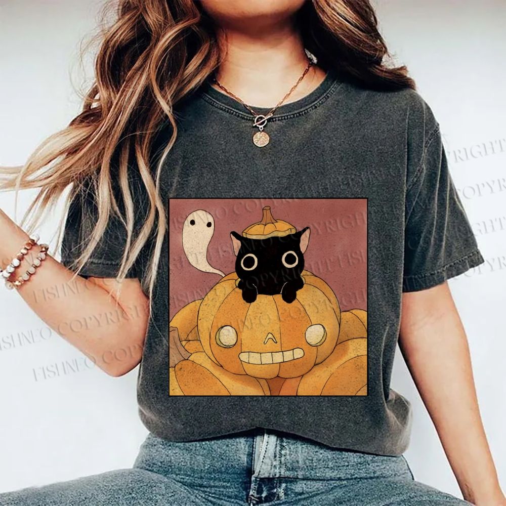Unisex Vintage Pumpkin Black Cat Printed Washed Tee