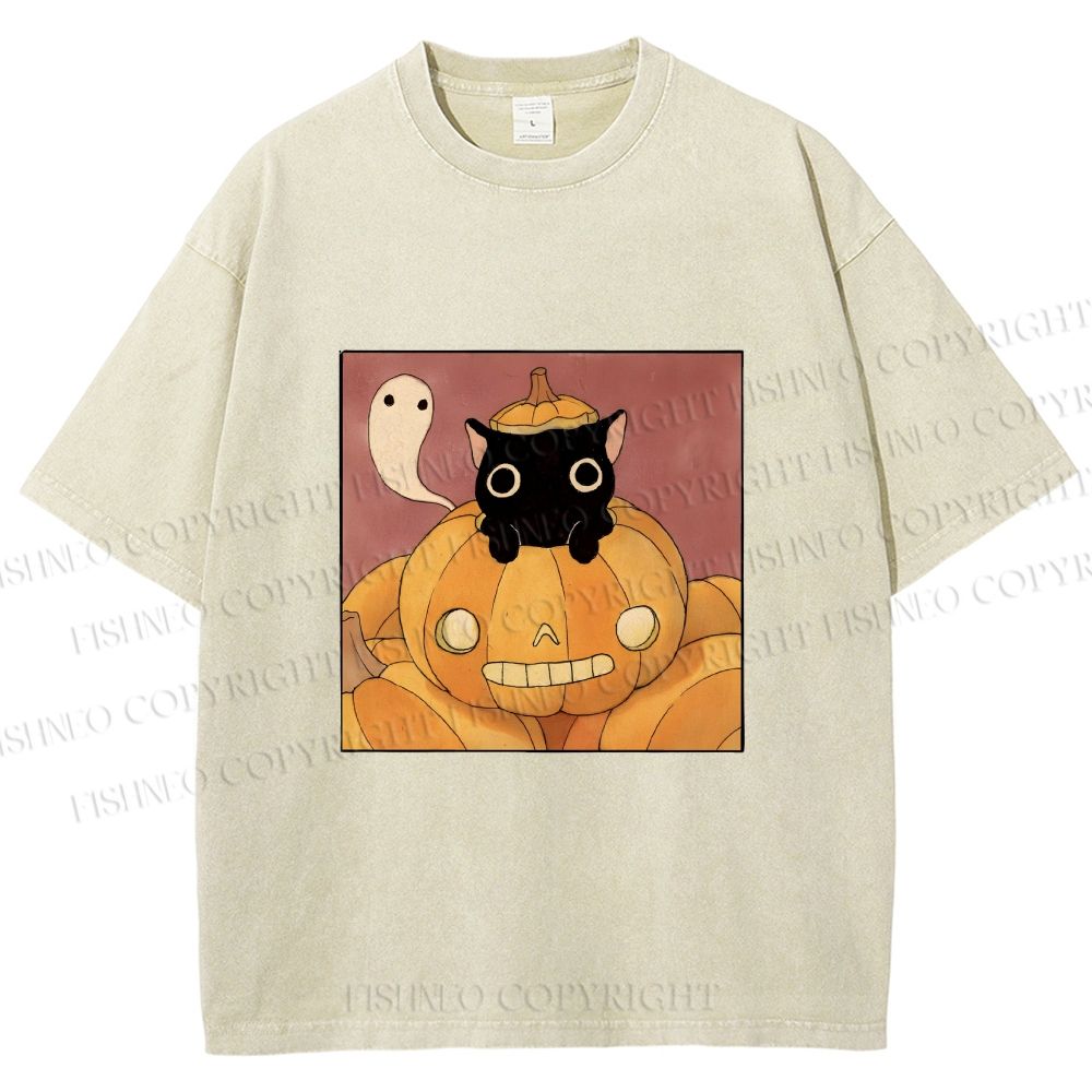 Unisex Vintage Pumpkin Black Cat Printed Washed Tee
