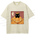 Unisex Vintage Pumpkin Black Cat Printed Washed Tee