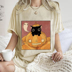 Unisex Vintage Pumpkin Black Cat Printed Washed Tee