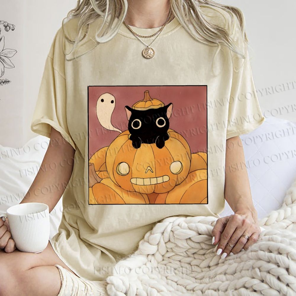 Unisex Vintage Pumpkin Black Cat Printed Washed Tee