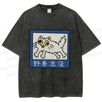 Unisex Japanese Silly Cat Printed Washed Tee