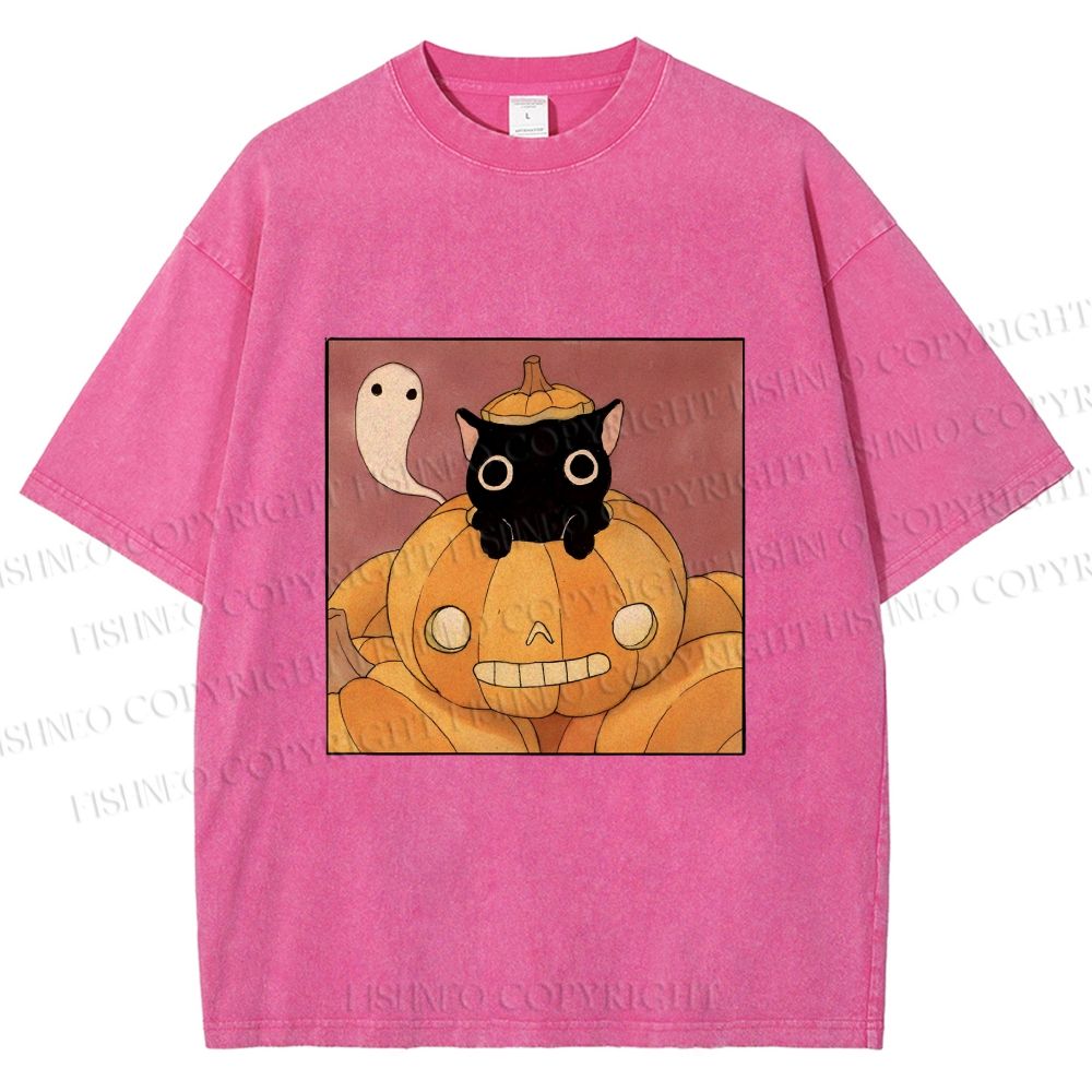 Unisex Vintage Pumpkin Black Cat Printed Washed Tee
