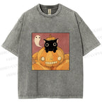 Unisex Vintage Pumpkin Black Cat Printed Washed Tee