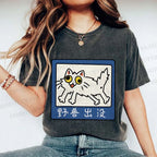 Unisex Japanese Silly Cat Printed Washed Tee