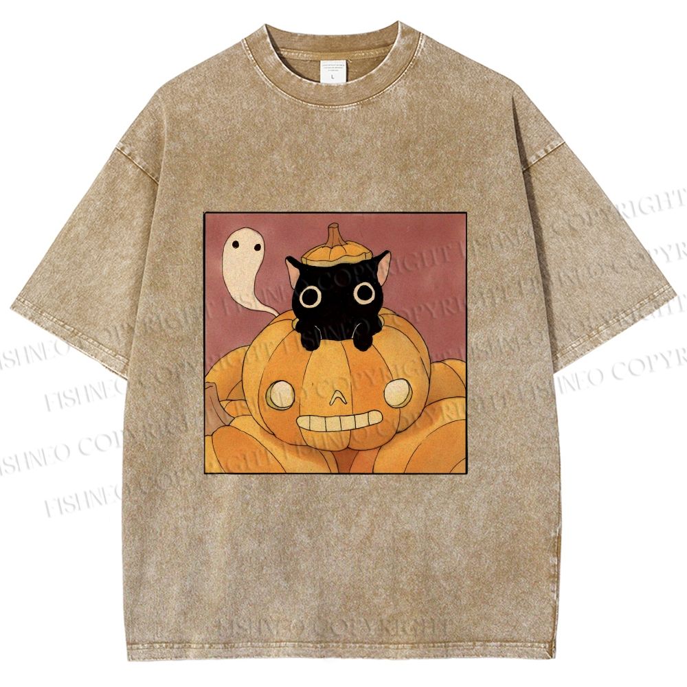 Unisex Vintage Pumpkin Black Cat Printed Washed Tee