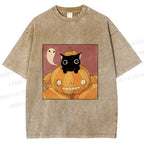 Unisex Vintage Pumpkin Black Cat Printed Washed Tee
