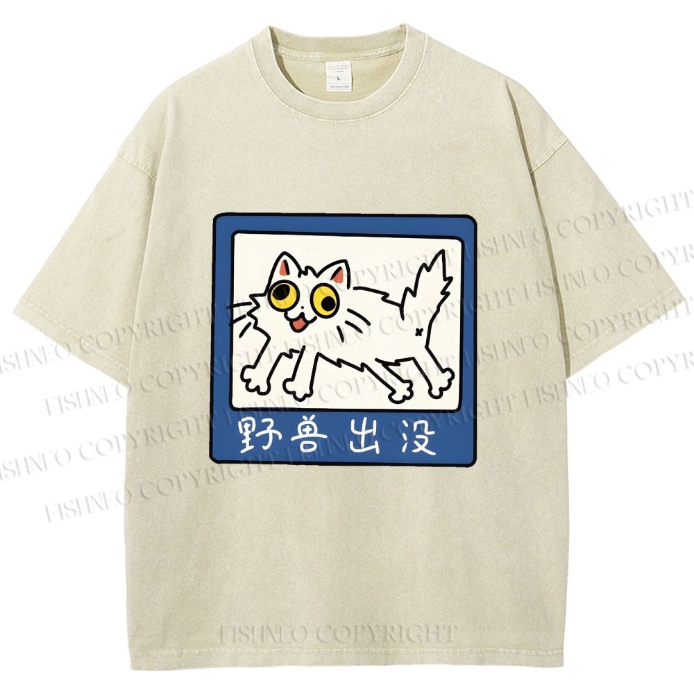 Unisex Japanese Silly Cat Printed Washed Tee