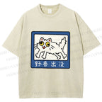 Unisex Japanese Silly Cat Printed Washed Tee