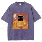 Unisex Vintage Pumpkin Black Cat Printed Washed Tee
