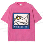 Unisex Japanese Silly Cat Printed Washed Tee