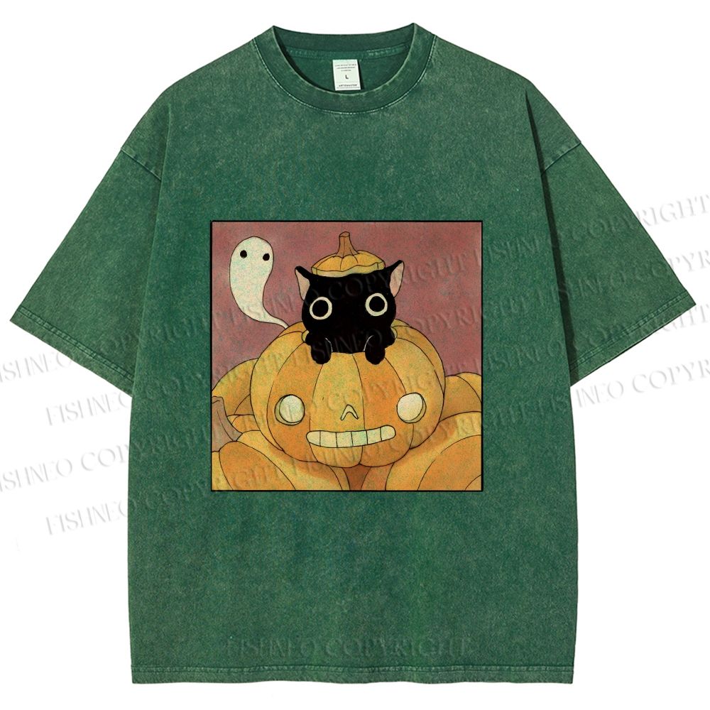 Unisex Vintage Pumpkin Black Cat Printed Washed Tee