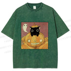 Unisex Vintage Pumpkin Black Cat Printed Washed Tee