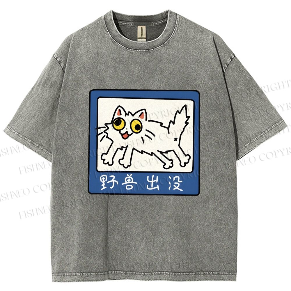 Unisex Japanese Silly Cat Printed Washed Tee