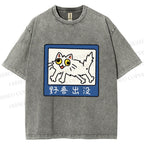 Unisex Japanese Silly Cat Printed Washed Tee