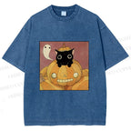 Unisex Vintage Pumpkin Black Cat Printed Washed Tee