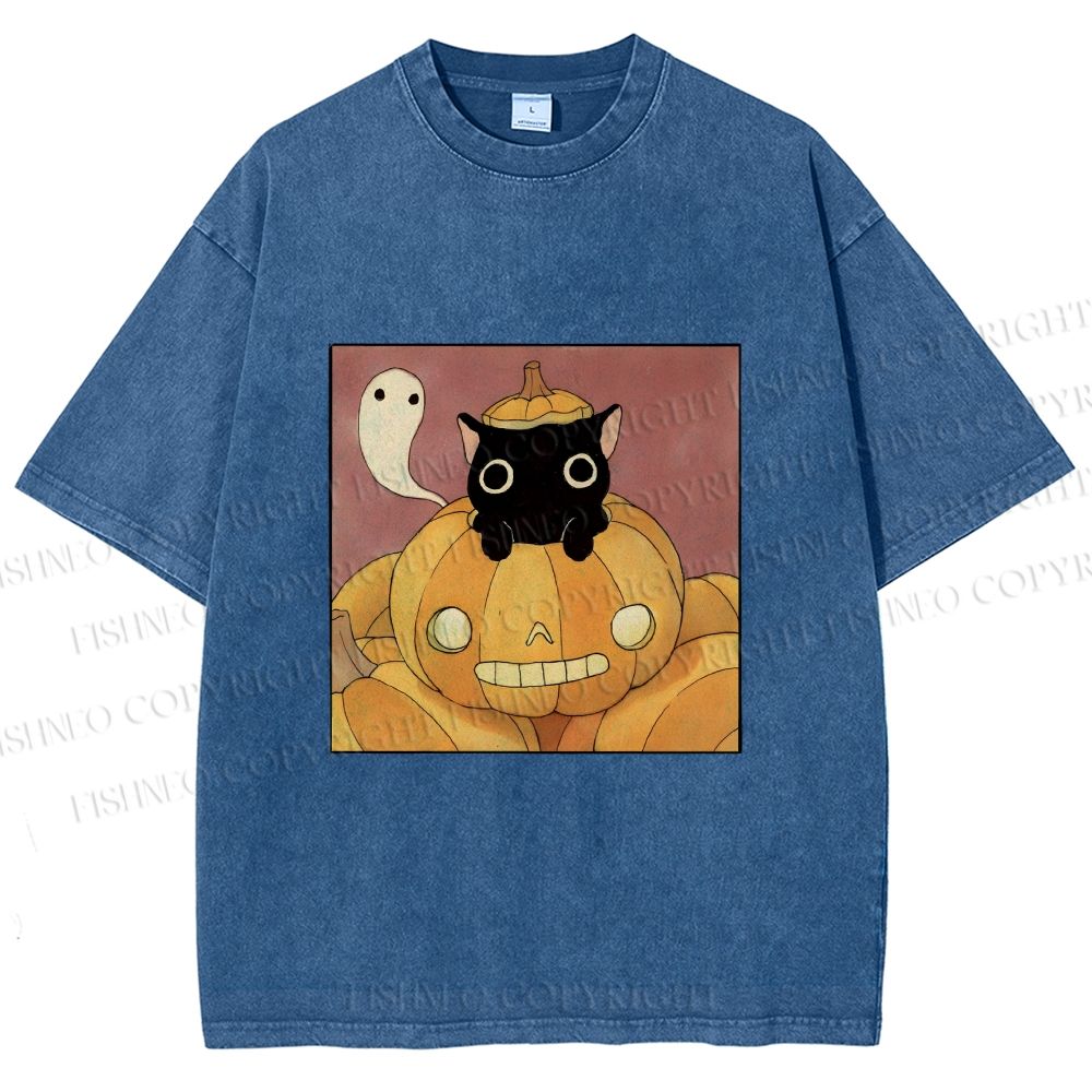 Unisex Vintage Pumpkin Black Cat Printed Washed Tee