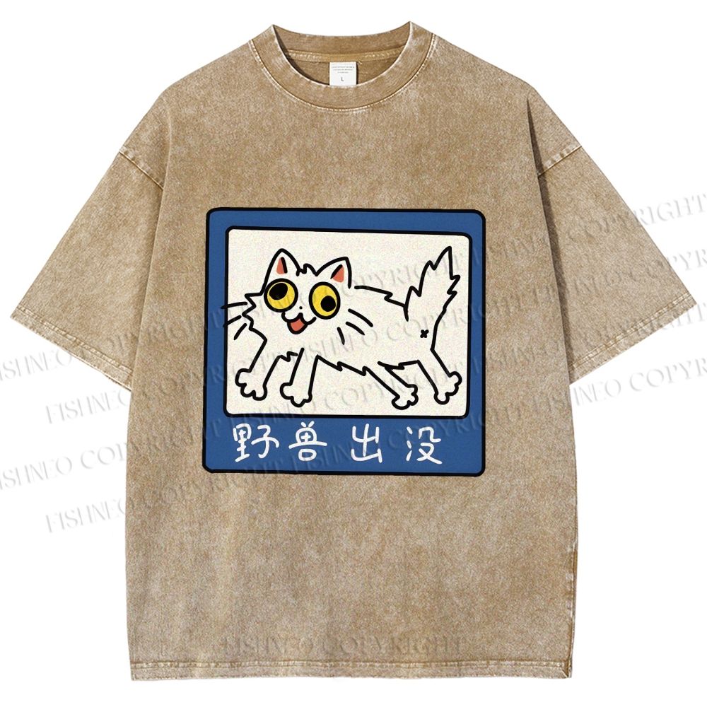 Unisex Japanese Silly Cat Printed Washed Tee
