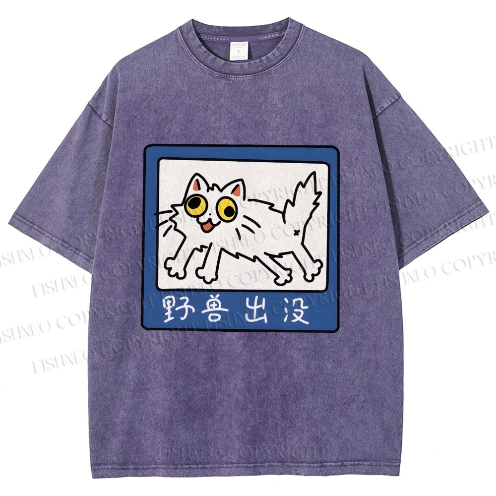 Unisex Japanese Silly Cat Printed Washed Tee