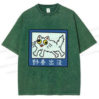 Unisex Japanese Silly Cat Printed Washed Tee