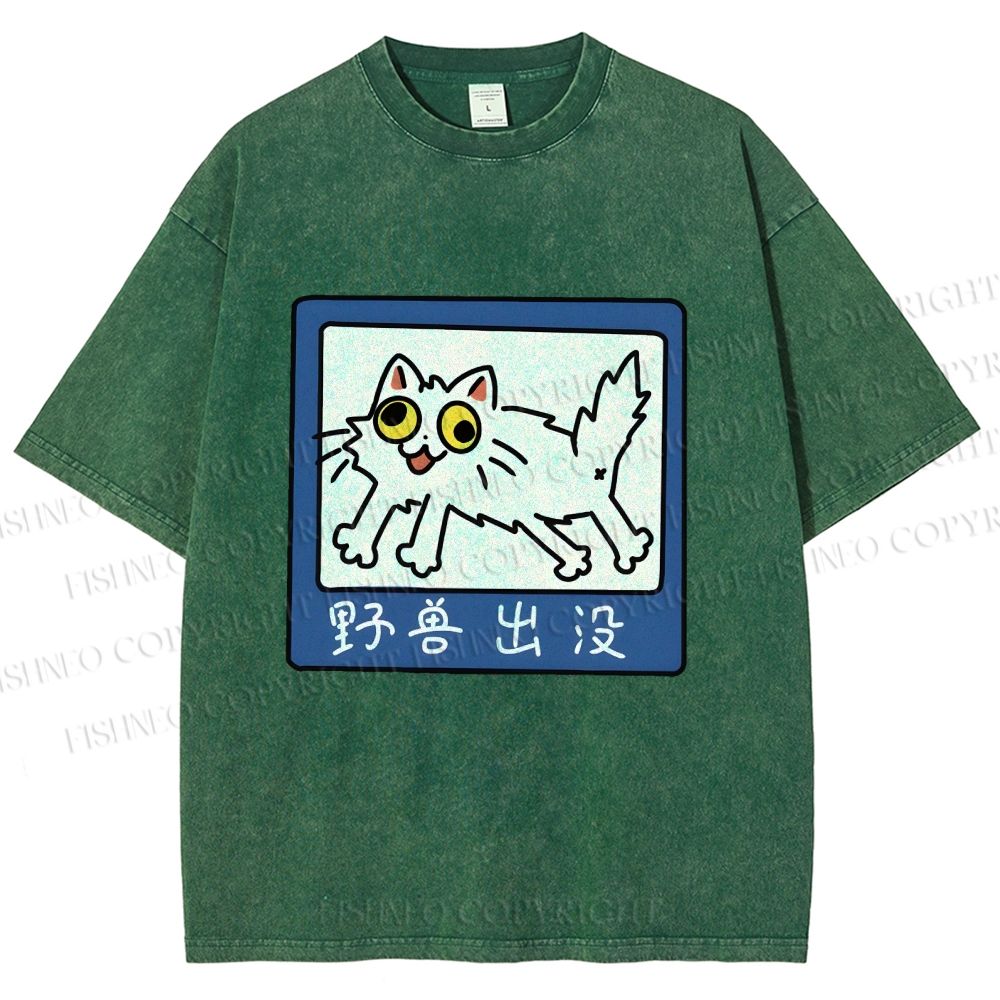 Unisex Japanese Silly Cat Printed Washed Tee
