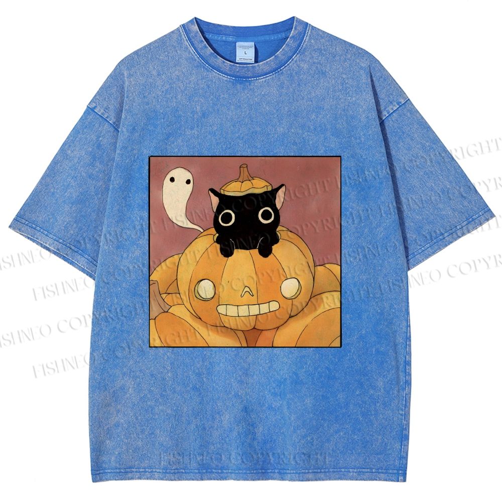 Unisex Vintage Pumpkin Black Cat Printed Washed Tee