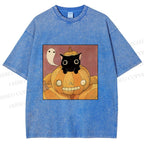 Unisex Vintage Pumpkin Black Cat Printed Washed Tee