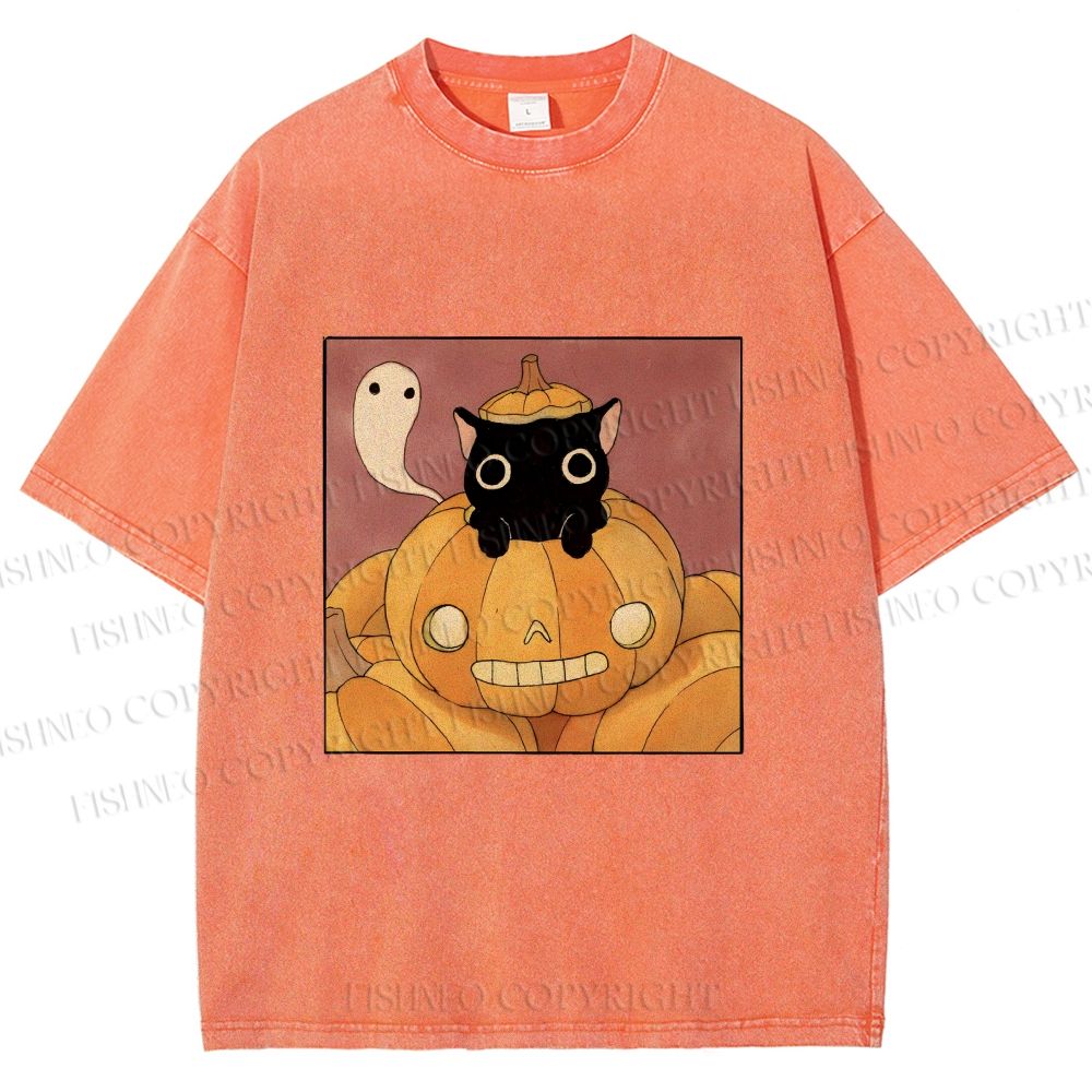Unisex Vintage Pumpkin Black Cat Printed Washed Tee