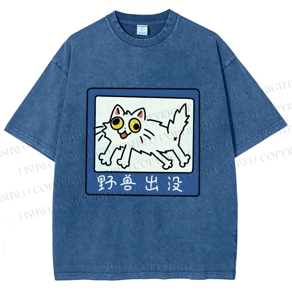 Unisex Japanese Silly Cat Printed Washed Tee
