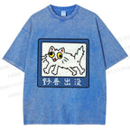 Unisex Japanese Silly Cat Printed Washed Tee