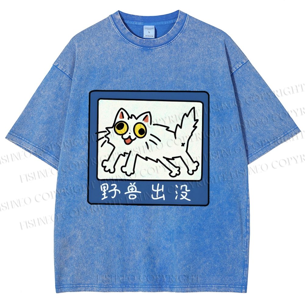 Unisex Japanese Silly Cat Printed Washed Tee