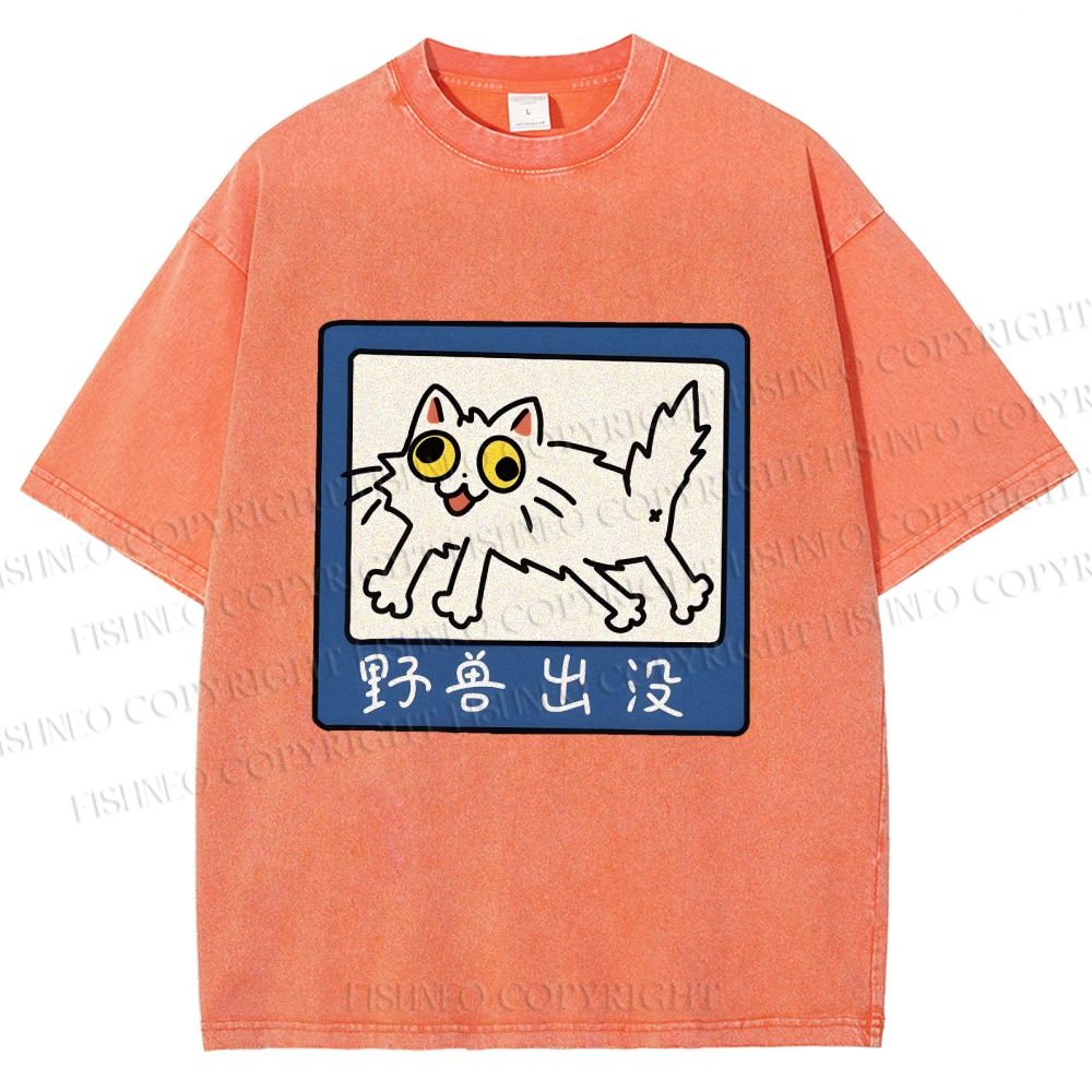 Unisex Japanese Silly Cat Printed Washed Tee