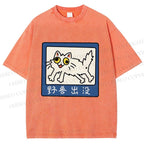 Unisex Japanese Silly Cat Printed Washed Tee