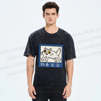 Unisex Japanese Silly Cat Printed Washed Tee