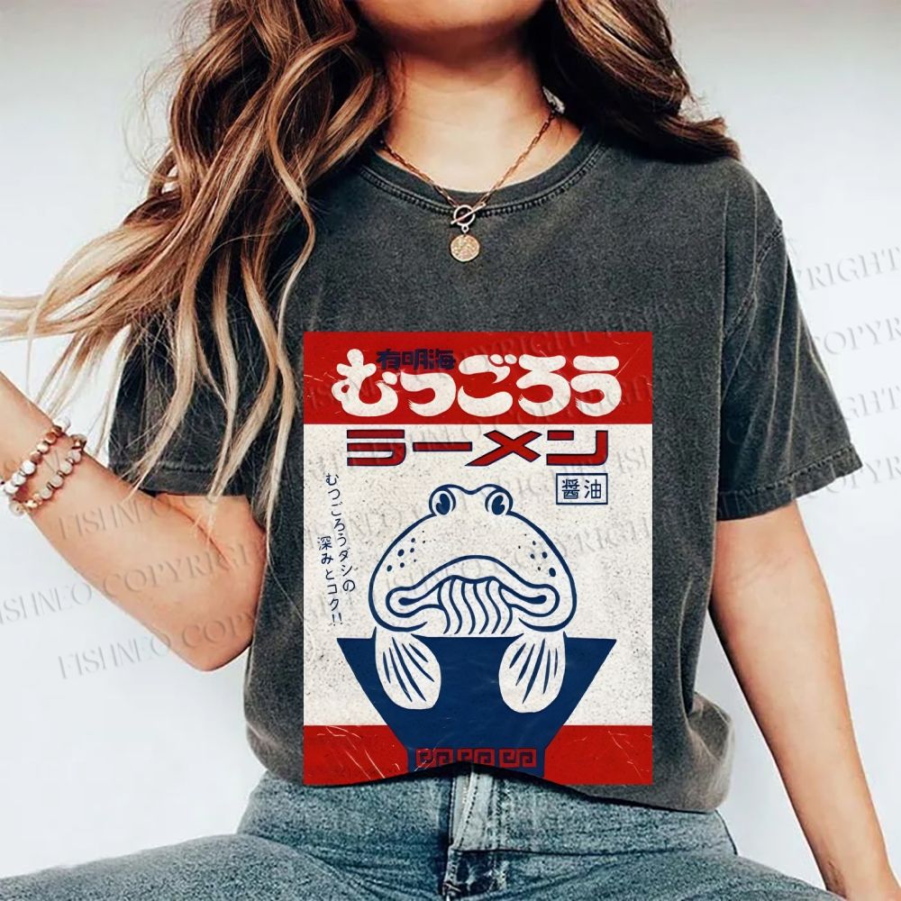 Unisex Vintage Japanese Silly Fish Printed Washed Tee