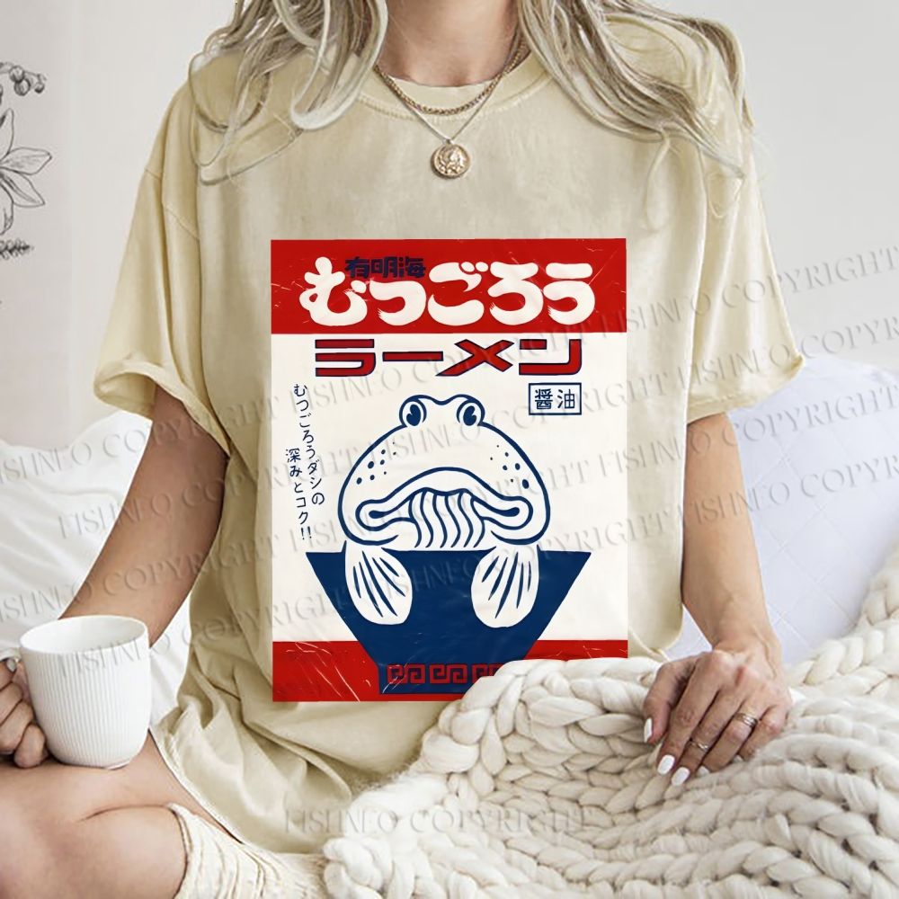 Unisex Vintage Japanese Silly Fish Printed Washed Tee