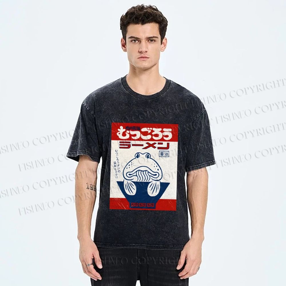 Unisex Vintage Japanese Silly Fish Printed Washed Tee