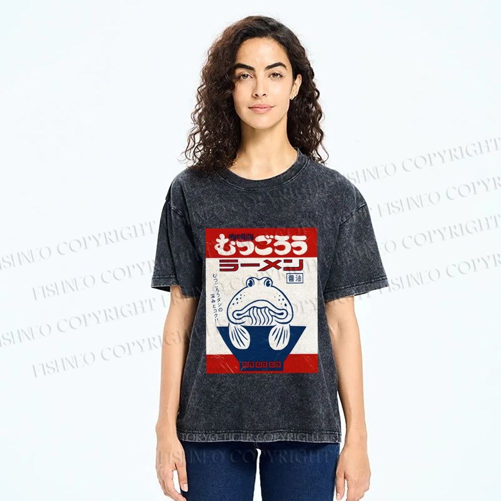 Unisex Vintage Japanese Silly Fish Printed Washed Tee