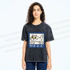 Unisex Japanese Silly Cat Printed Washed Tee