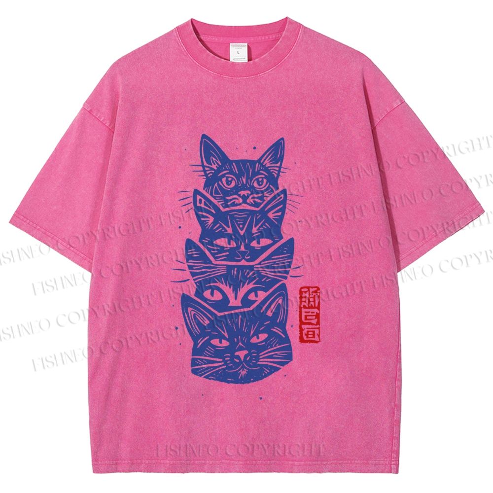 Unisex Vintage Cat Printed Washed Tee